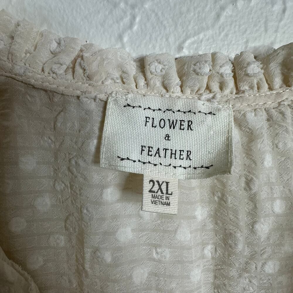 Flower & Feather Woman's 2X Tan & White Swiss Dot Short Ruffled Sleeve Blouse - Picture 3 of 11
